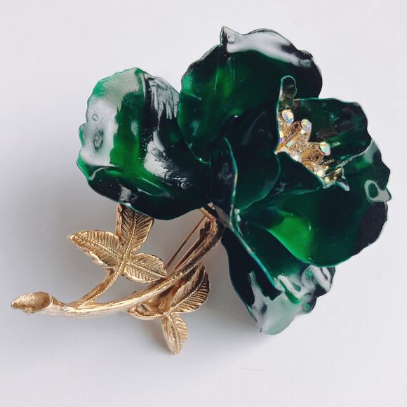 VTG 1960s Brooch Green Enamel Flower AB Rhinestones Gold Tone Mid Century Pin - Picture 4 of 13